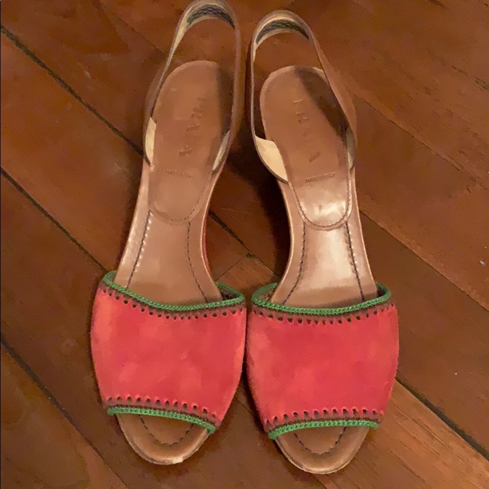 Prada Red Suede, sling back wedges with green trim